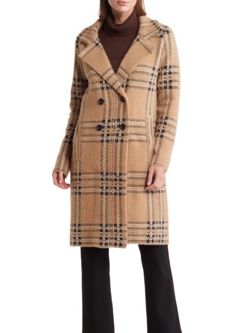 Tahari Eyelash Double Breasted Plaid Sweater Coat